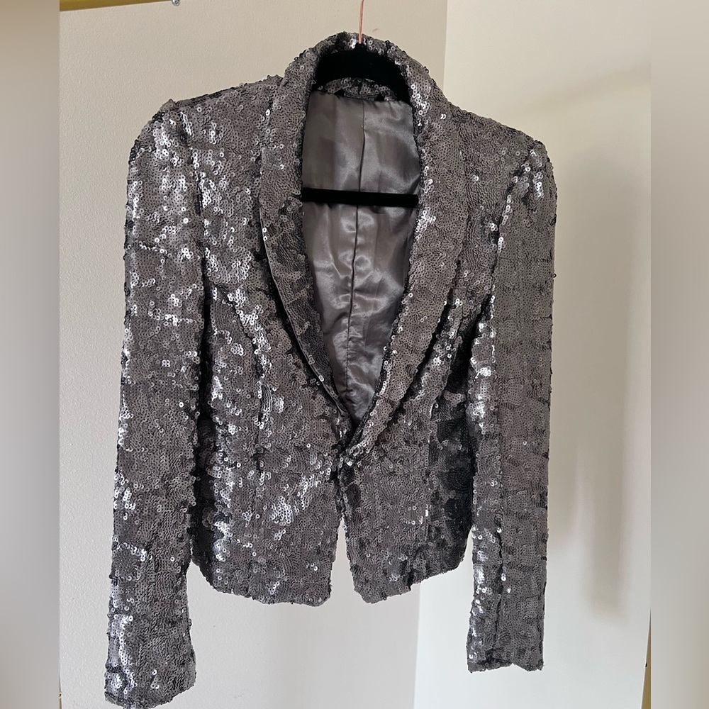 Michael Simon Sparkling Silver Sequin Blazer Women XS EUC